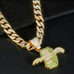 Urban Hip Hop Ice Gold Cuban Link Chain Necklace w/ Dollar Wing Pendant